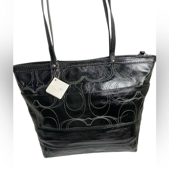 Coach Signature Stitch Patent Leather Tote Shoulder Bag Black White - Picture 3 of 14